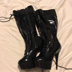 Knee High Black Leather Dancer Boots